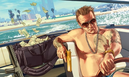 A Grand Theft Auto illustration of a criminal in a speedboat
