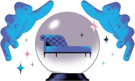 Illustration of pair of hands and couch in crystal ball