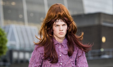 A model sports a wig at the Martine Rose show, SS2019, London fashion week men’s.