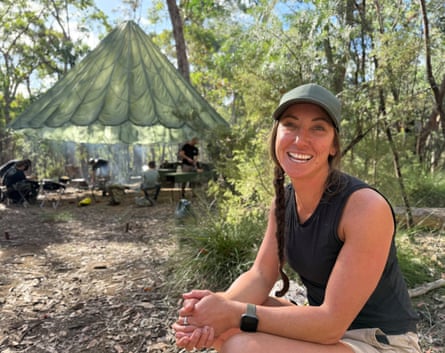 Karla Proud, Alone Australia season 3 contestant, sits in front of base camp.
