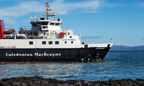 The Lochnevis (Loch Nibheis) Calmac Ferry arrives on Eigg, 10 miles off the Scottish West coast, south of the Isle of Skye.