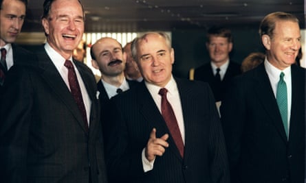 US President George Bush (L) and Mikhail Gorbachev, General Secretary of the Communist Party at the US-Soviet summit, December 1989.
