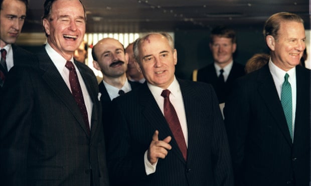 President George H Bush, left, Gorbachev, and US secretary of state James Baker at a summit in 1989.