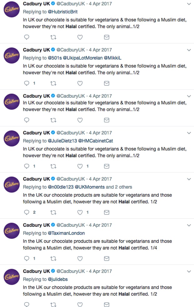 The Cadbury UK social media team responding to questions about halal Easter eggs on a particularly busy day for them in 2017