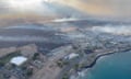 Aerial view of Lahaina coast in the aftermath of wildfires<br>An aerial view as smoke rises from burnt areas amidst wildfires in Maui, Hawaii, U.S., August 9, 2023, in this screenshot taken from a social media video. Vince Carter/via REUTERS THIS IMAGE HAS BEEN SUPPLIED BY A THIRD PARTY. MANDATORY CREDIT. NO RESALES. NO ARCHIVES.