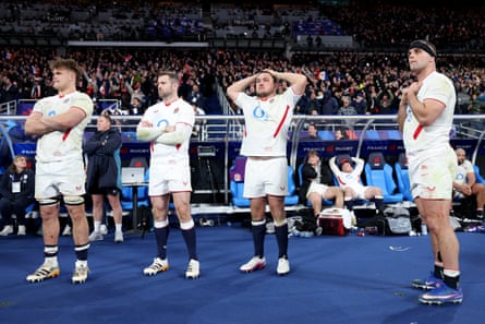 Guy Pepper, Elliot Daly, Jamie George and Ben Earl look on as France defeat England during the Six Nations