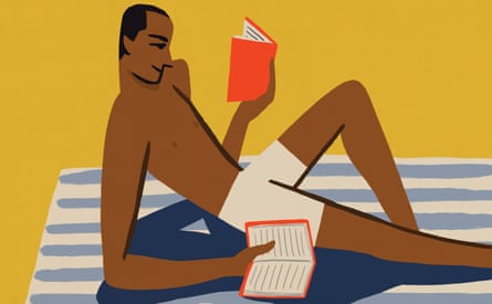 Illustration of a man lying on a beach towel, reading two books