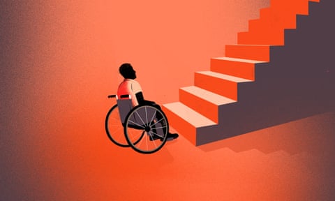 illustration: man in a wheelchair at bottom of stairs