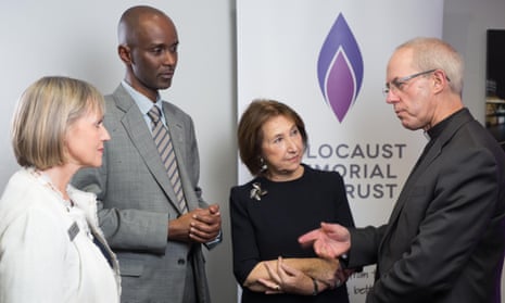 Laura Marks, chair of the Holocaust Memorial Day Trust, Rwandan genocide survivor Eric Eugène Murangwa, Holocaust survivor Hannah Lewis, and Justin Welby