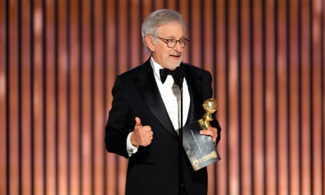 Steven Spielberg accepts the best director award for The Fabelmans on stage at the Golden Globes.