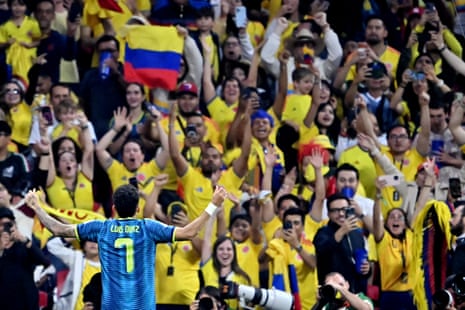 Luis Díaz celebrates with Colombia fans.