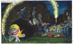 Martin Rowson cartoon 6 November 2021: Boris Johnson launches a firework into a pile of corruption-themed fireworks
