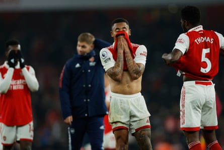 Gabriel Jesus and his Arsenal teammates look dejected after the final whistle in their 3-3 draw with Southampton at the Emirates Stadium