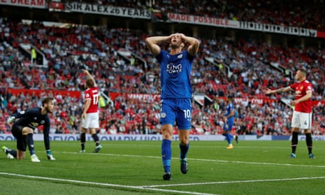 Leicester City’s Andy King reacts after having an effort saved by Manchester United’s David De Gea.
