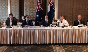 Energy minister Josh Frydenberg (centre) and his state counterparts met on Friday to discuss the Finkel report into future security of the national electricity market.