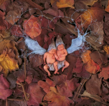 Two infants in fairy headgear lie on a bed on autumn leaves