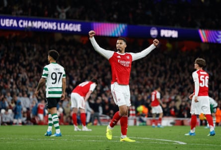 William Saliba celebrates Arsenal’s win after the goalless draw