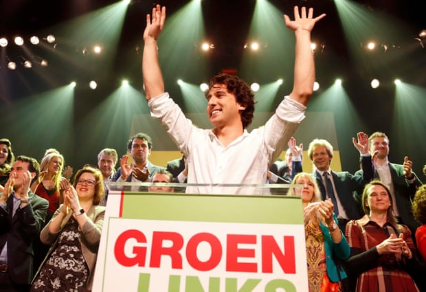  Jesse Klaver with supporters in Amsterdam on Wednesday. His GreenLeft is now the biggest party of the left in the Netherlands. Photograph: Francois Lenoir/Reuters  