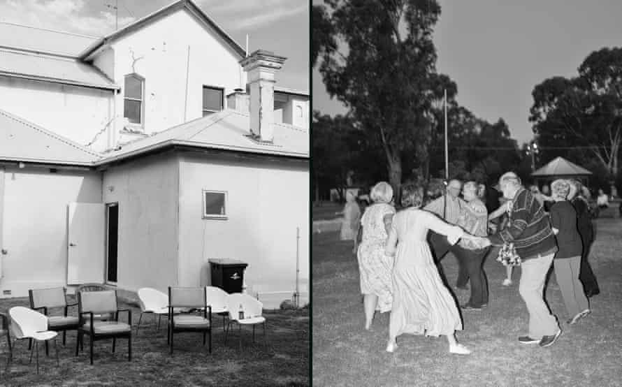 black and white photo of dancers and venue