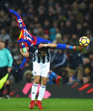 Christian Benteke of Crystal Palace and Claudio Yacob of West Bromwich Albion colide during the 0 v 0 draw between West Bromwich Albion and Crystal Palace at The Hawthorns.West Brom attempted 20 shots, their highest shot tally in a Premier League game since December 2015 against Newcastle (22).