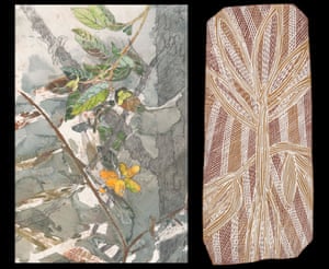 Gurrumu, a detail from ‘Distant glimpses of the great floodplain seen through a veil of trees and hanging vines’ 2017 by John Wolseley. Gurrumu, 2013 Dhuwa molety by Mulkun Wirrpanda, Dhugi-Djapu clan, earth pigments on stringybark.