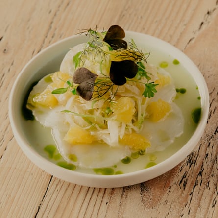 The ‘prettily arrranged’ citrus-cured halibut, at the restaurant at Tillingham Winery, Rye, East Sussex.