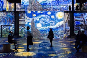 Brushstrokes spiralling light and darkness across the tall drying towers, bare walls and water tank below, transforming into Van Gogh’s Starry Night Over the Rhone (1888). It feels like standing in the moving water as the stars and lights of the town are reflected down on visitors.