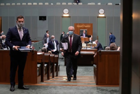 The prime minister Scott Morrison leaves question time