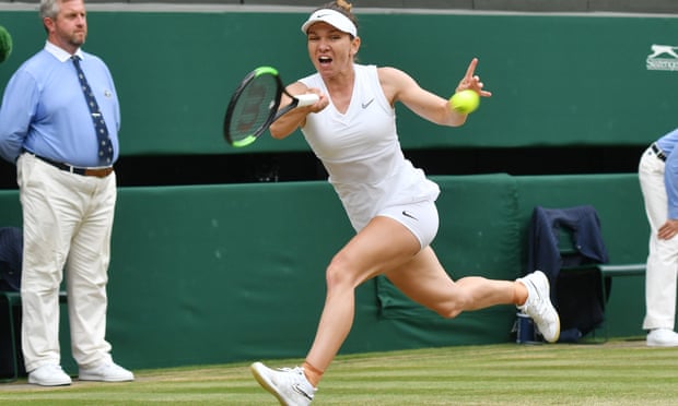 Simona Halep plays a running forehand during her 6-2, 6-2 win over Serena Williams in what she described as “the best match of my life”.