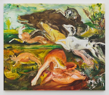 Cecily Brown, Hunt After Frans Snyders, 2019, Oil on Linen, 61 x 71 inches, Courtesy of the Artist