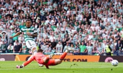 Celtic’s Adam Idah pounces on a mistake by Rangers keeper Jack Butland for the winner.