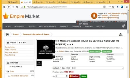 A Medicare Madness listing on Empire Market