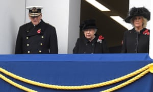 The Queen, Prince Philip and Camilla, Duchess of Cornwall attend the Remembrance Sunday service in London.