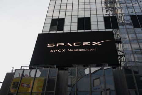 A SpaceX banner is pictured at the Nasdaq MarketSite in New York City today