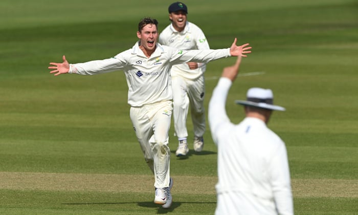 County cricket: Lancashire v Yorkshire, Kent v Essex – live! | County Championship 6 Labuschagne celebrates a wicket with both arms wide.