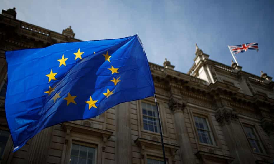 A European Union flag flutters outside the Cabinet Office in London