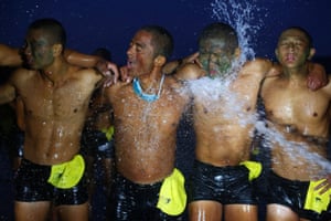 Trainees are sprayed with water to keep them awake