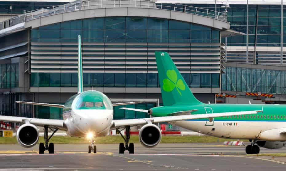 An Aer Lingus plane taxis before take off at Dublin airport.