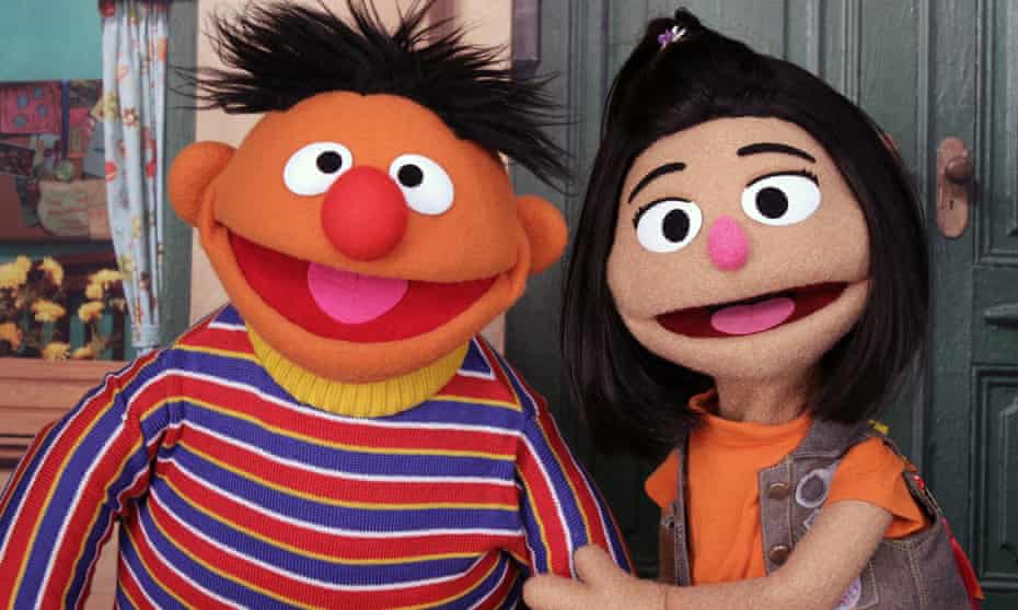 Sesame Street muppet Ernie with new Asian-American muppet character Ji-Young