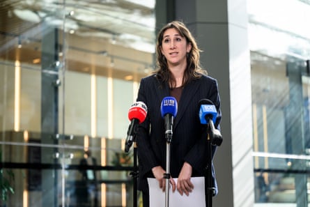 Sarah Schwartz speaks to media outside the royal commission