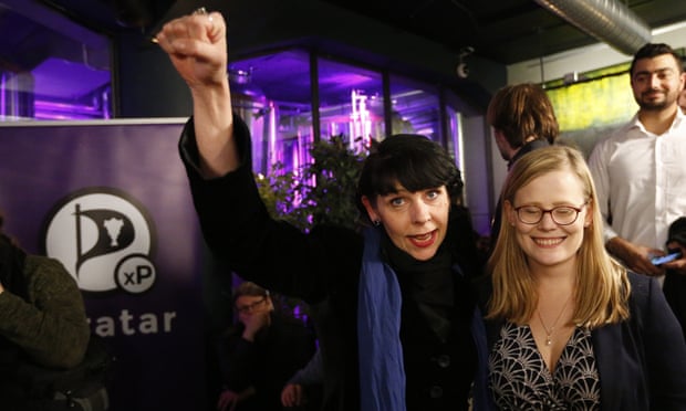 Birgitta Jonsdottir of Iceland’s Pirate party celebrates last October’s election results.