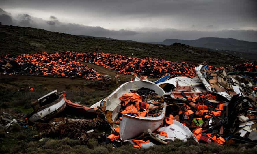Some of the 1000s of life jackets from refugees crossing the Aegean sea last year, now in a dump in Greece.