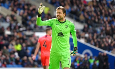 Norwich’s goalkeeper Tim Krul celebrates after Brighton’s Neal Maupay missed his penalty in the first half