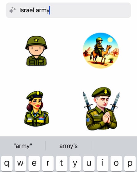 An AI generated sticker search in WhatsApp shows images of four people in uniform in various poses when prompted with the search “Israeli army”
