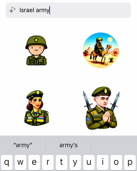 Uma pesquisa de adesivos gerada por IA no WhatsApp mostra imagens de quatro pessoas uniformizadas em várias poses quando solicitada a pesquisa “exército israelense”