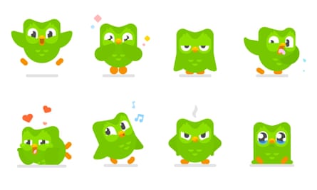 The corralling character, Duo, in the Duolingo app.