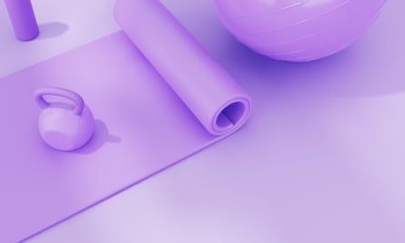 Blocky purple versions of weights, a yoga mat and a balance ball