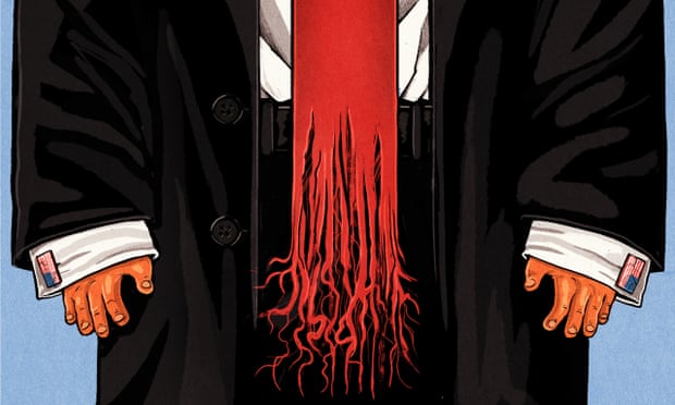 Illustration, of suit wearing man with frayed red tie , by Ben Jennings