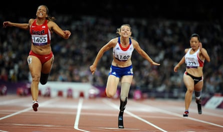 Marie-Amélie le Fur of France (centre) wins the women’s 100m T44 athletics final at the London 2012 Paralympic Games.