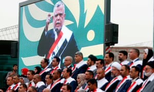 A screen showing Haidar al-Ameri speaking in Basra in April 2018.
